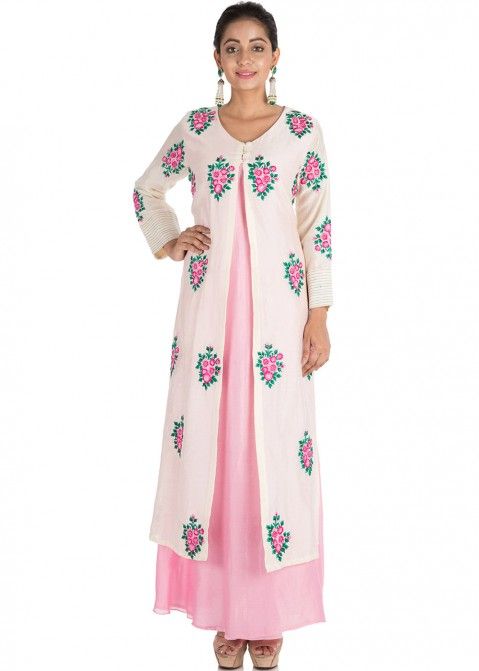 Pink Chanderi Kurti With Embroidered Jacket