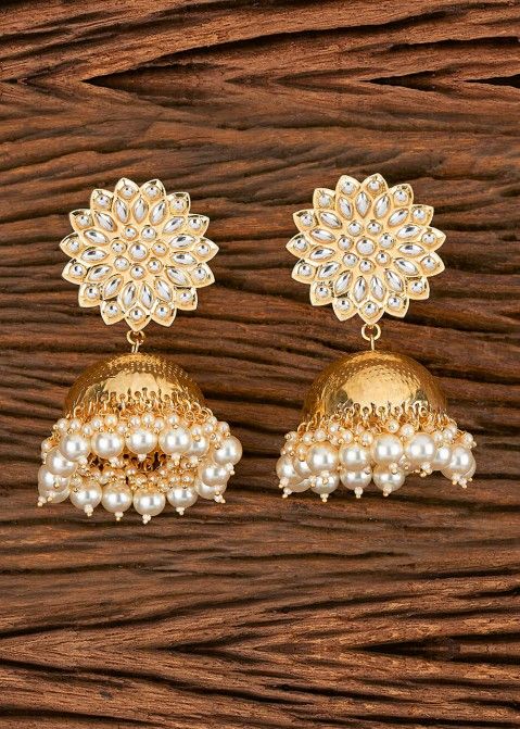 Buy Designer Golden Alloy Based Indian Jhumka Earrings Online