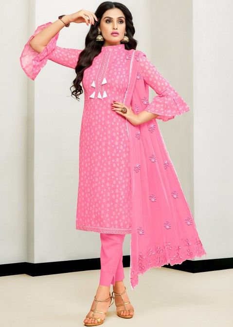 Pink Printed Cotton Pant Style Suit