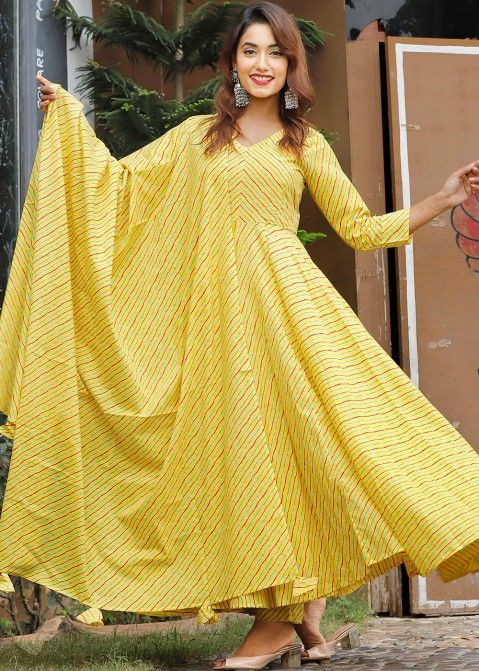 Yellow Anarkali Gerogette Suit With Palazzo Latest 3987SL01