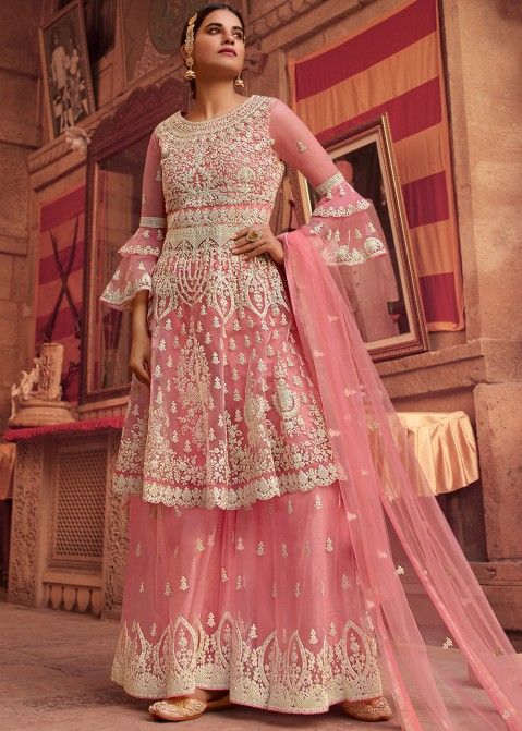 Pink Embroidered Bell Sleeved Sharara Suit With Dupatta