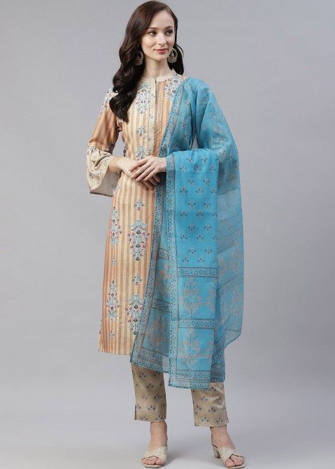 Readymade Beige Printed Salwar Suit In Rayon