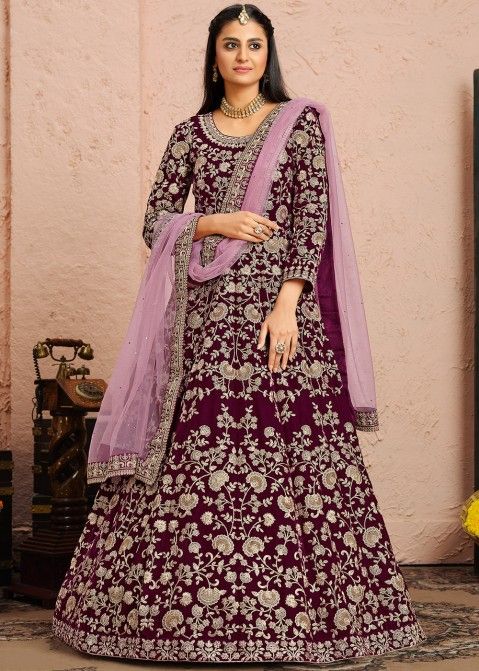 Purple Embroidered Anarkali Salwar Suit In Velvet