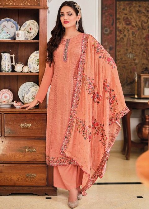 Orange Embroidered Straight Cut Palazzo Suit 