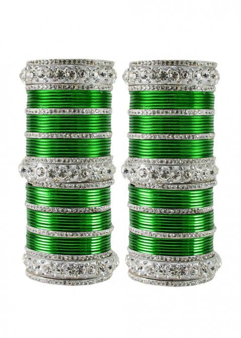 Green And Silver Stone Studded Bridal Bangle Set