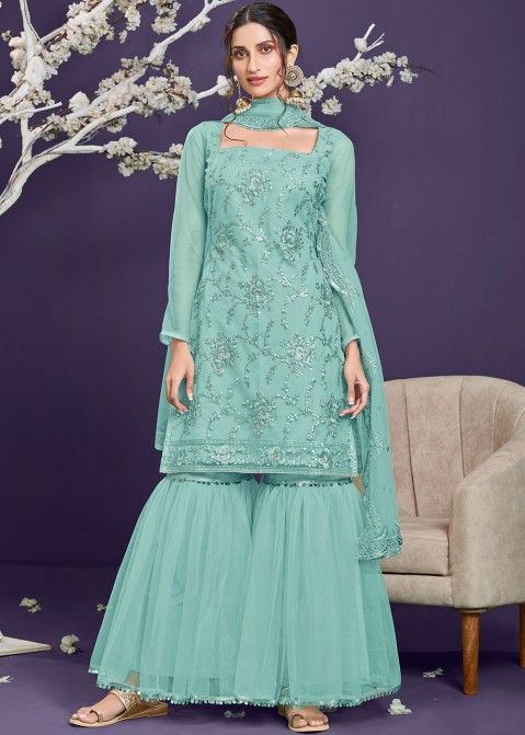 Blue Embroidered Net Pakistani Gharara Suit Set
