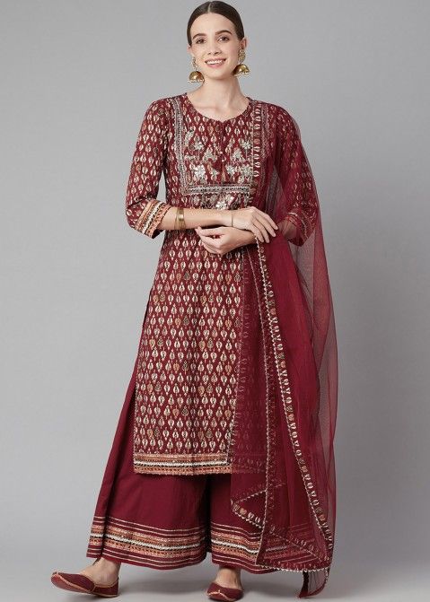 Maroon georgette heavy embroidery semi stitch palazzo suits - Aarshi  Fashions - 4213643