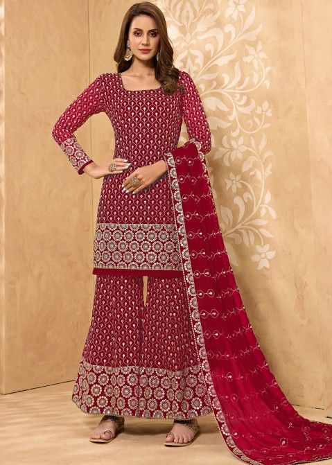 Faux Georgette Embroidery Sharara Suit In Maroon Colour - SM5410238