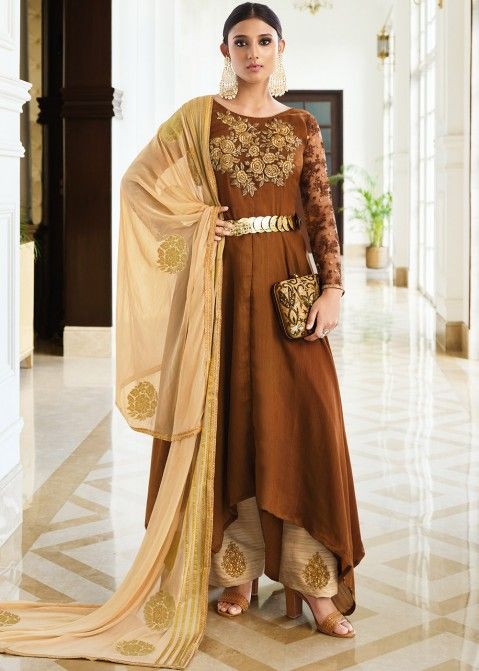 Brown Embroidered Asymmetric Flared Pant Suit
