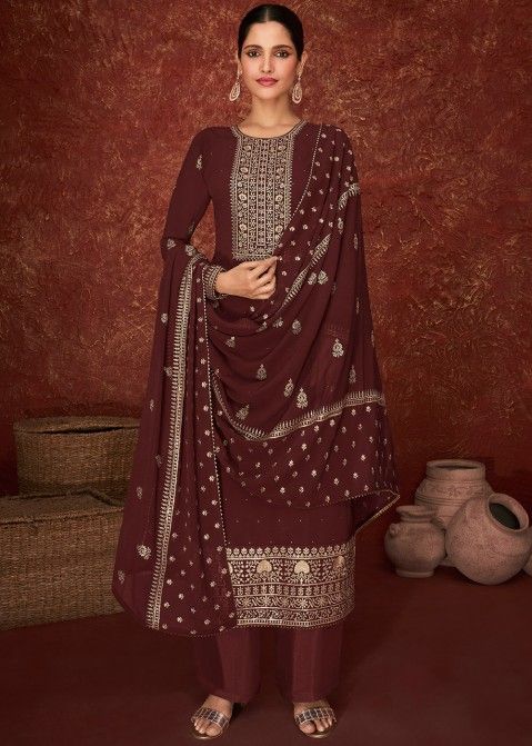 Brown Embroidered Salwar Suit In Georgette
