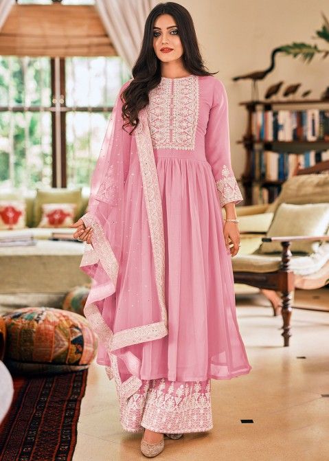 Pink Embroidered Palazzo Suit With Net Dupatta