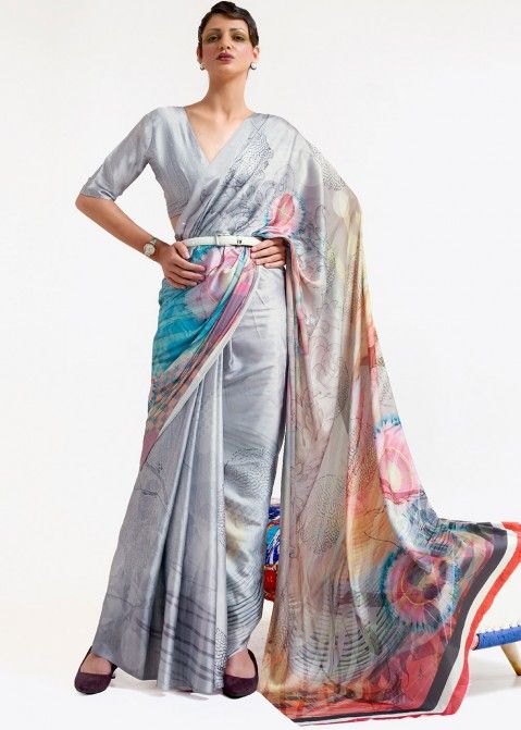 Shop Silver saree in Abstract Print With Blouse Online Panash India