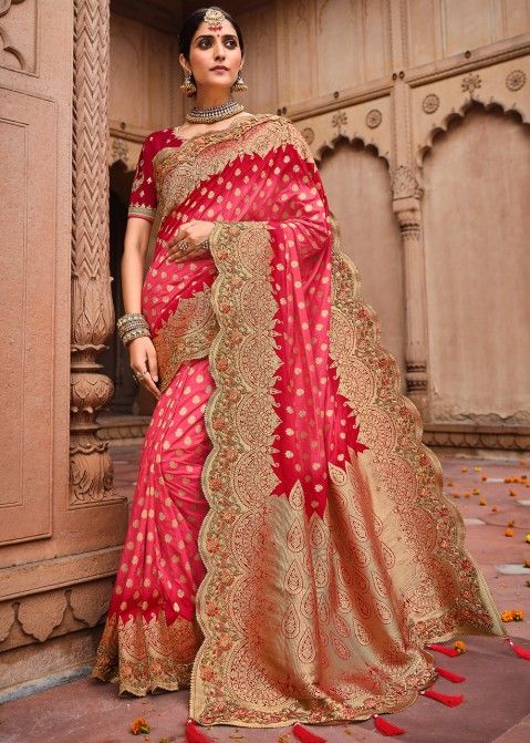 Red Banarasi Stone work Silk blend Bridal Saree with attached Blouse self  design : Amazon.in: Fashion