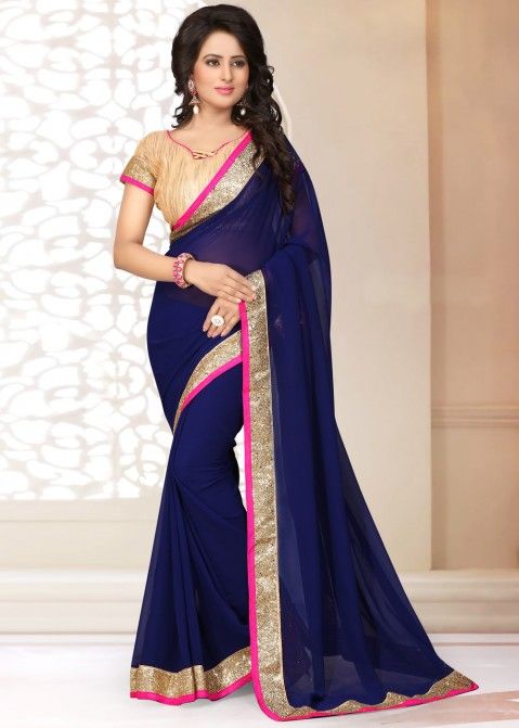 Georgette Saree in Blue with Brocade Blouse