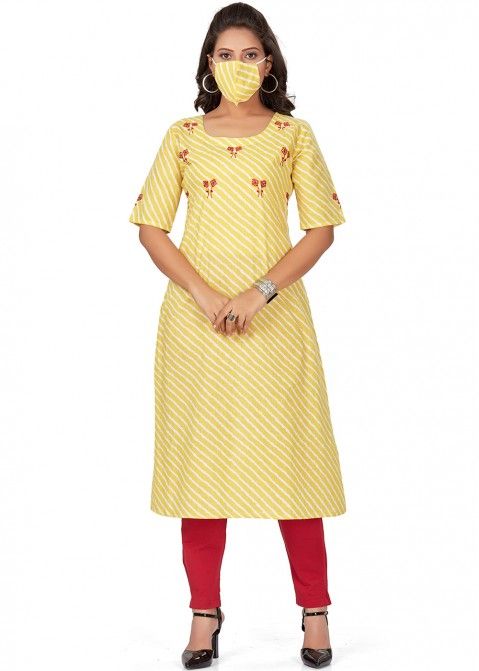 Yellow Embroidered Readymade Kurta Set In Cotton