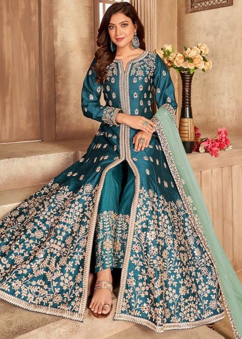 Blue Embroidered Anarkali Salwar Suit With Slit