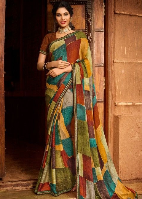 Multicolor Printed Chiffon Saree With Blouse