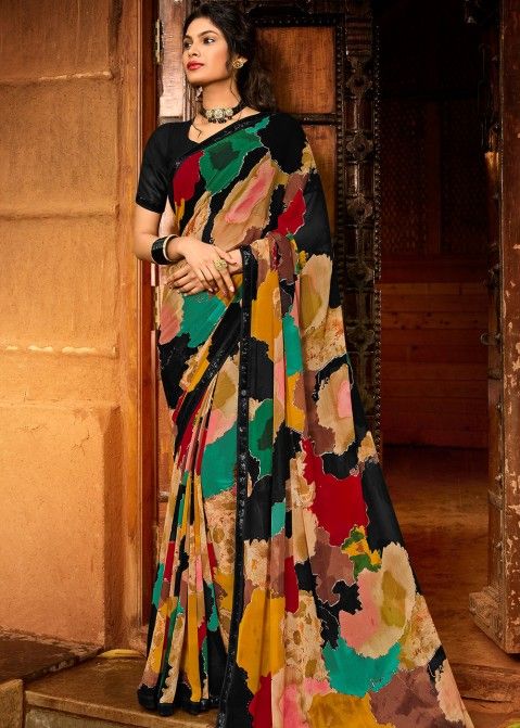 Multicolor Printed Georgette Saree With Blouse - FRESHERS PARTY LOOK IN SAREE