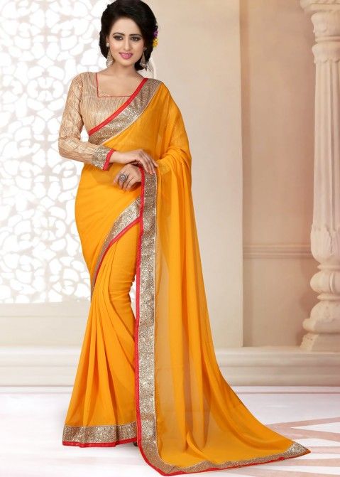Patch Border Georgette Saree in Yellow