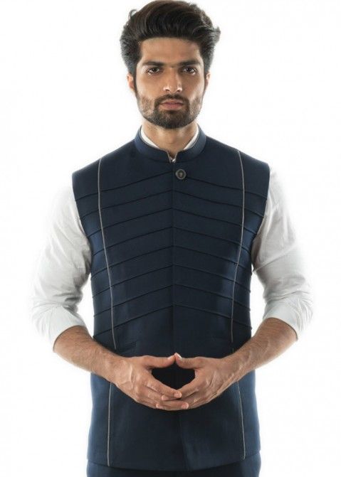 Navy Blue Readymade Cord Piping Nehru Jacket Online Shopping