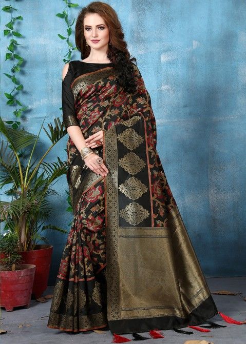 Black Woven Art Banarasi Silk Saree With Blouse