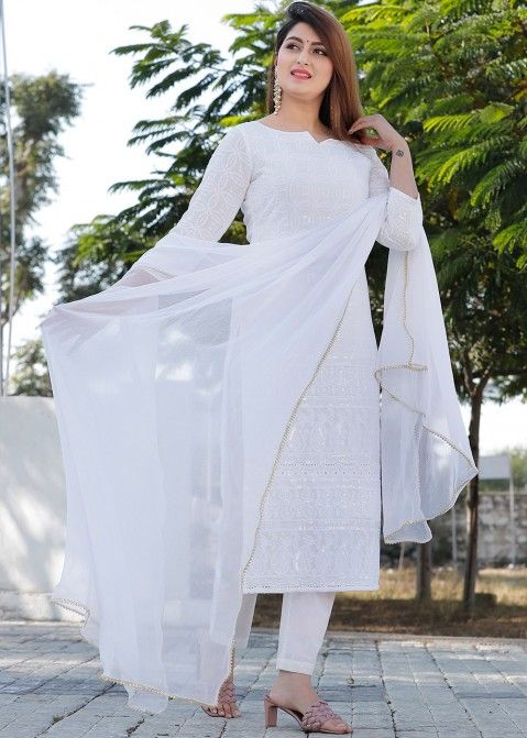 Readymade Chikankari Embroidered White Pant Suit