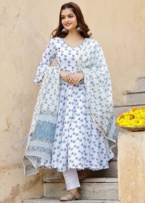 White Floral Bell Sleeved Readymade Anarkali Suit