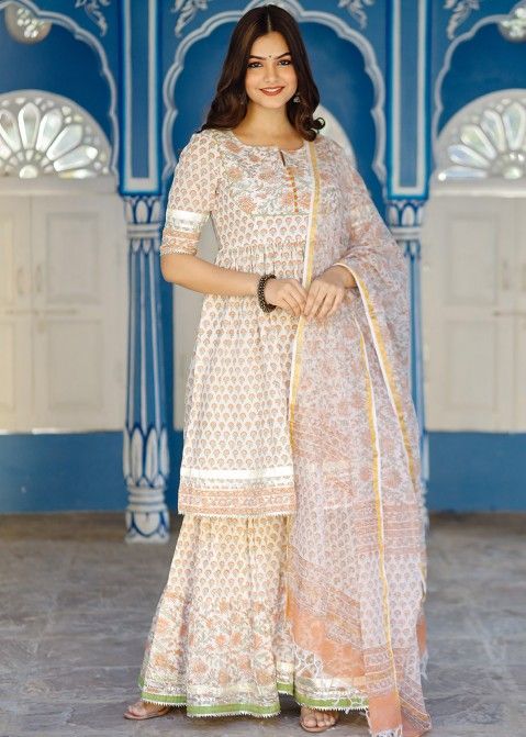Readymade White Floral Sharara Style Cotton Suit