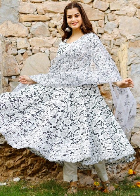 Readymade White Block Printed Cotton Anarkali Suit