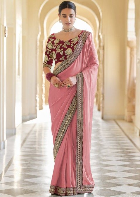 Pink Embroidered Border Saree With Heavy Blouse