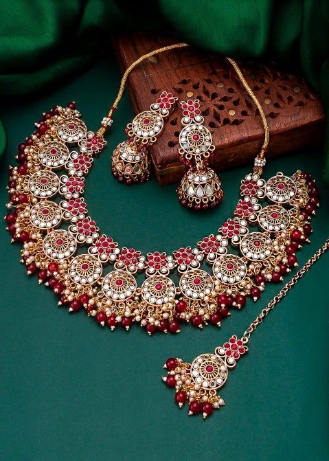 Maroon Heavy Indian Necklace Set With Kundan & Stone Work Online USA