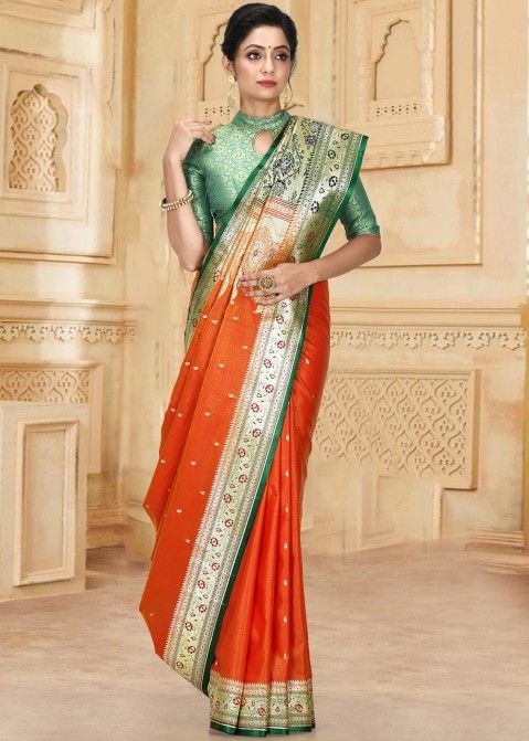 Dark Orange Color Pure Banarasi Katan Silk Saree with Golden Zari Work –  BharatSthali