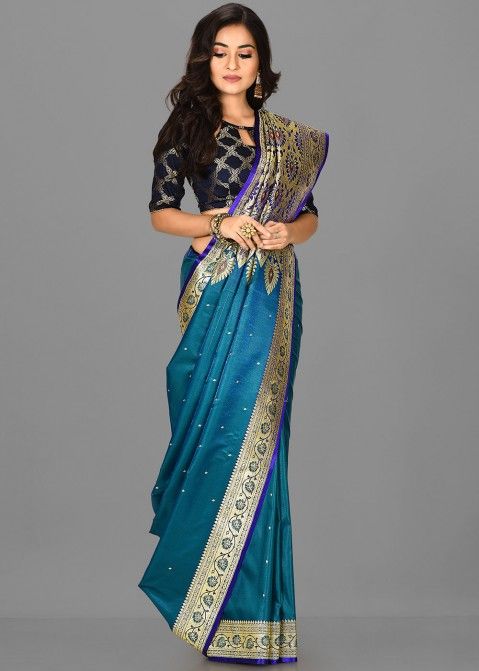 Blue Banarasi Silk Zari Saree With Blouse