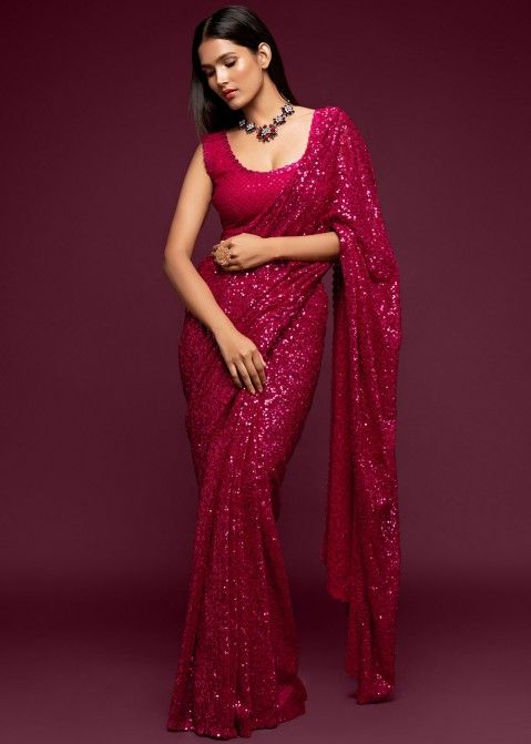 Designer Magenta Georgette Cocktail Saree With Sequins Embroidery