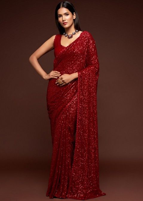 Red Party Wear Sequins Embroidered Saree In Georgette