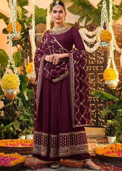 Purple Embroidered Anarkali Suit In Georgette