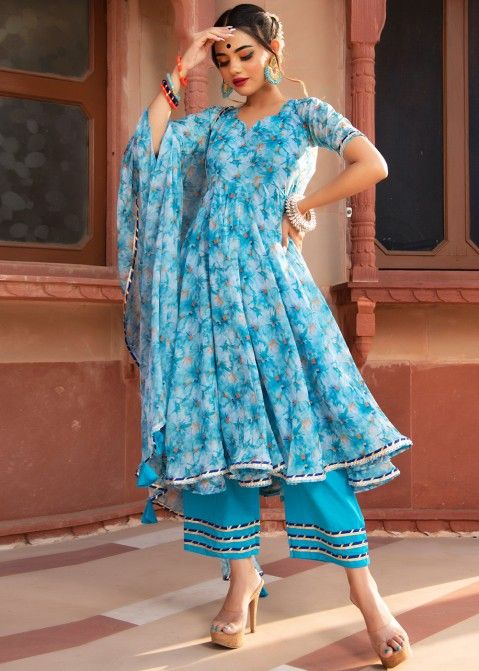 Blue Readymade Anarkali Suit In Floral Print