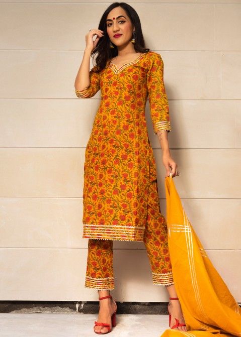Readymade Yellow Pant Suit Set In Block Print