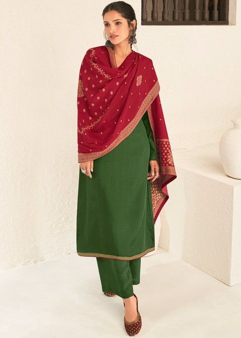Green Palazzo Suit With Woven Dupatta