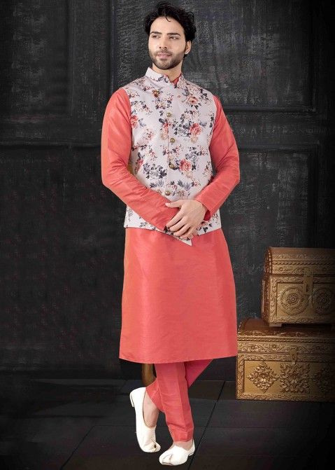 Peach Kurta Pant With Floral Printed Nehru Jacket