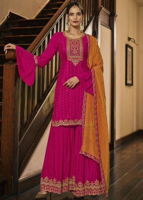 Ready made Purple colour Embroidered Sharara Suit Set Dupatta Sets