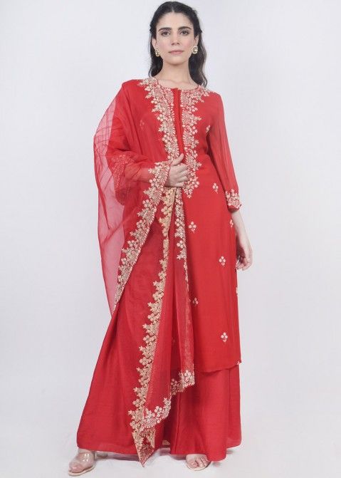 Readymade Red Embroidered Palazzo Suit In Georgette