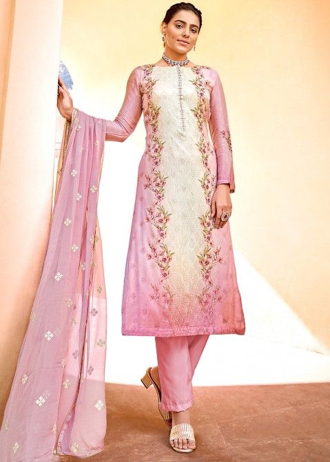 Pink And Cream Embroidered Pant Style Suit