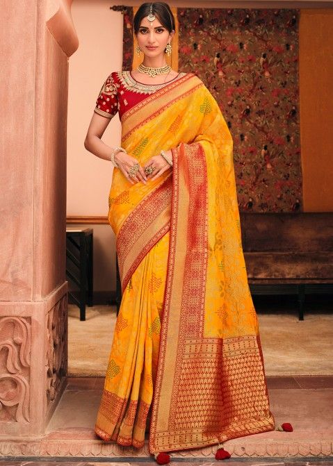 Woven Silk Saree In Yellow With Blouse