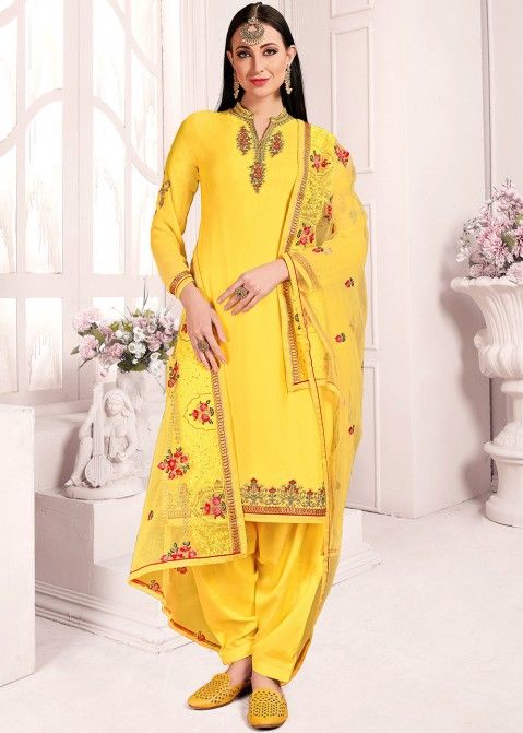 Yellow Salwar Suit With Floral Net Dupatta