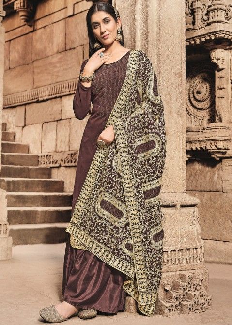 EverEthnic Women's Brown colour Crepe Printed Unstitched Salwar Suit  Material