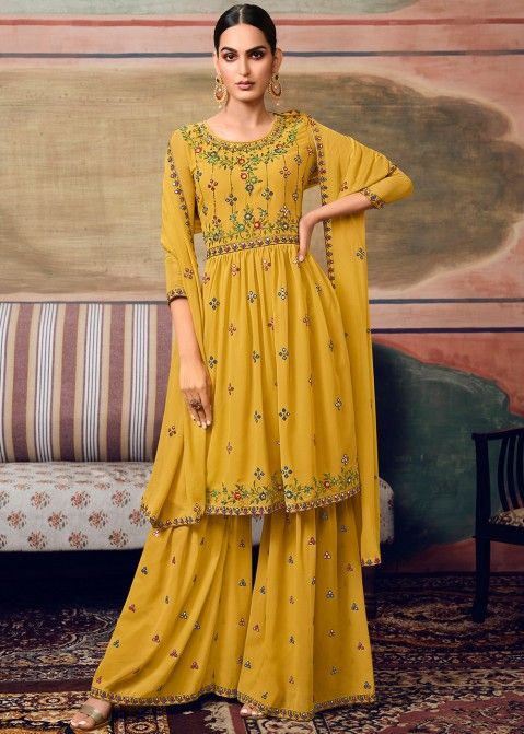 Yellow Georgette Embroidered Gharara Suit