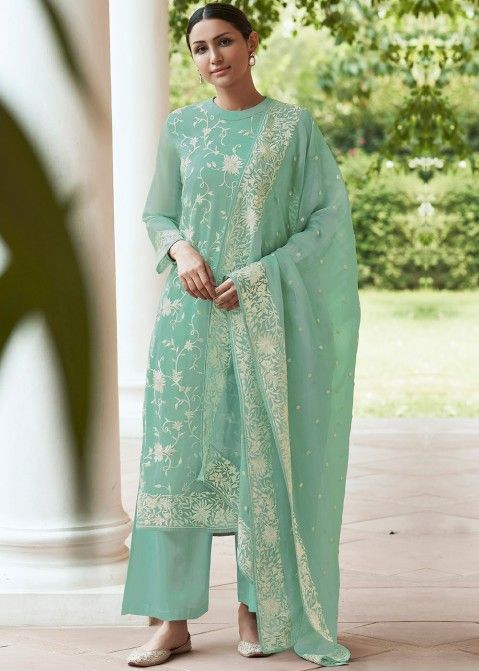 Blue Organza Embroidered Suit With Plain Palazzo