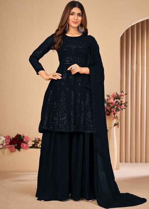 Black Sharara Pakistani Suit | Full sleeves dress, Designer sharara suits,  Salwar kameez designs