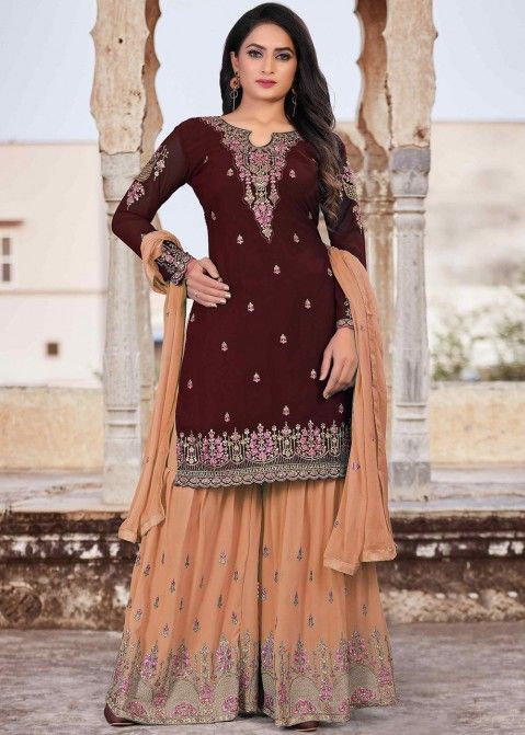 Brown Embroidered Pakistani Sharara Suit 4158SL02